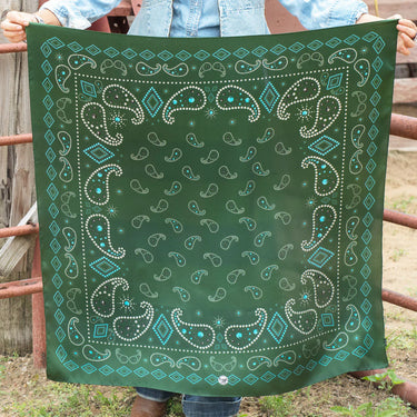 Pretty Paisley Scarf in Green by Fringe Scarves at 6Whiskey, six whisky, square, silk, satin, artful, hand-drawn, western print, classic, simple, casual, lightweight, breathable, year-round, must-have, rodeo, concert, lunch, work, turquoise, deep green, front view 