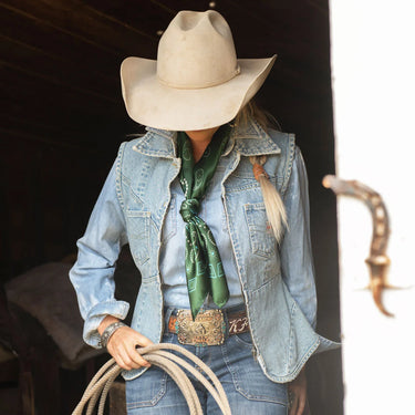 Pretty Paisley Scarf in Green by Fringe Scarves at 6Whiskey, six whisky, square, silk, satin, artful, hand-drawn, western print, classic, simple, casual, lightweight, breathable, year-round, must-have, rodeo, concert, lunch, work, turquoise, deep green, front view 
