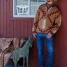 Western Zip Pullover by Tasha Polizzi at 6Whiskey, six whisky, brown, aztec, geometric, southwestern, casual, lounge ware, long sleeve, warm, soft, comfy, knit, loungewear, casual western. Front view.