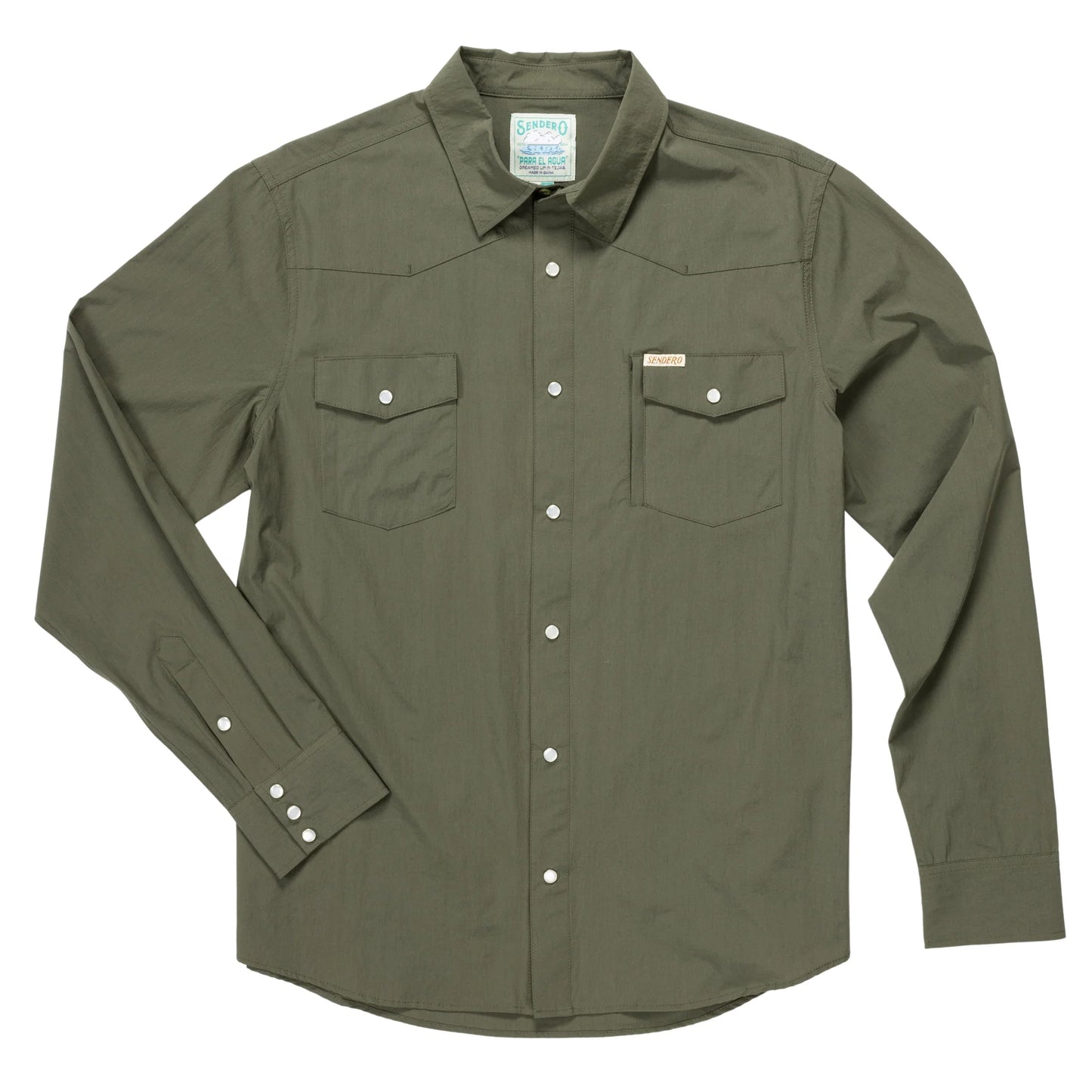 Desert Sage Green Long Sleeve at 6Whiskey six whisky mens performance western wear confluence tech pearl snap by sendero 