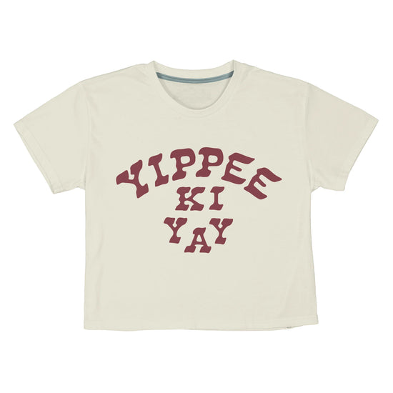 Yippee Ki Yay Womens crop soft tshirt at 6Whiskey six whisky white and maroon sendero graphic tee