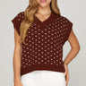 Spirit Knit Vest at 6Whiskey, six whisky, ribbed v-neck, cozy, comfy, soft, gameday, aggie, texas a&m, tailgating, cap sleeve, flattering, casual, spirited, white heart design, maroon, cropped. Front view.