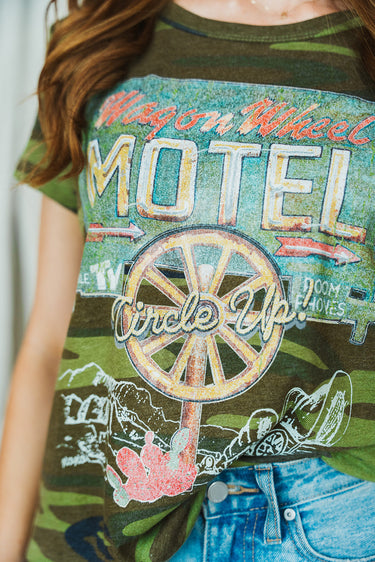 wagon wheel motel shirt at 6Whiskey six whisky by XOXO Art & Co hand drawn camo short sleeve vintage medium length tee t-shirt t shirt