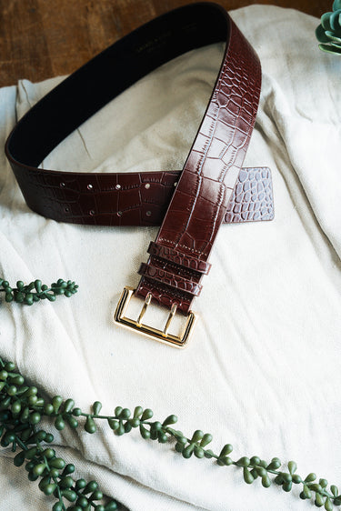 Maroon Crocodile Leather Belt at 6Whiskey six whisky gold hardware double prong belt double loop