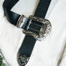 Western Black Belt at 6Whiskey six whisky detailed silver 3 piece belt buckle flower detail leather classic western style