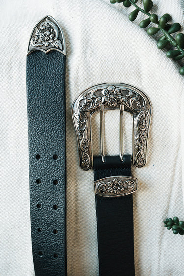 Western Black Belt at 6Whiskey six whisky detailed silver 3 piece belt buckle flower detail leather classic western style