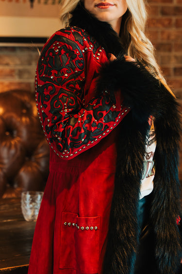 Milo Ouray Jacket at 6Whiskey six whisky Double D Ranch DDR C2764 red knee length coat fur racoon studded fringe leather long coat festive holiday winter womens outerwear taos collection