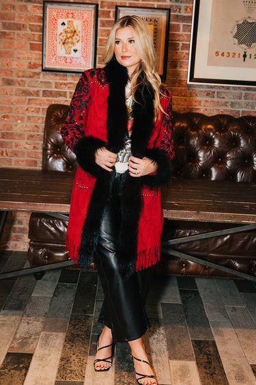Milo Ouray Jacket at 6Whiskey six whisky Double D Ranch DDR C2764 red knee length coat fur racoon studded fringe leather long coat festive holiday winter womens outerwear