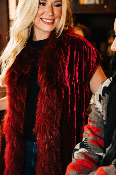 Cervantez Velvet Cape at 6Whiskey six whisky Double D Ranch Milo color DDR 30 Year Anniversary Label Nashville Fall 2020 C2742 kimono style raccoon fur trim festive holiday short sleeve medium length mid thigh
