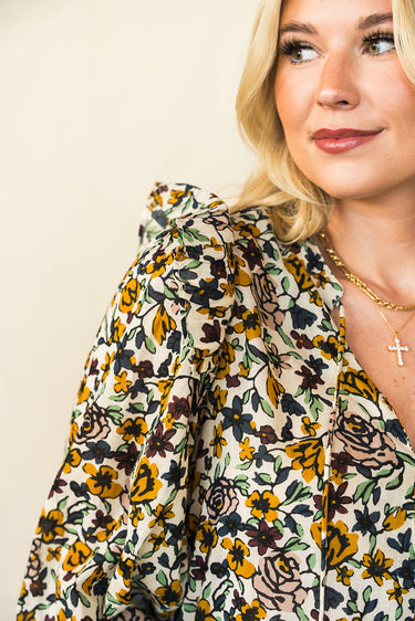 Malin Blouse at 6Whiskey six whisky Cleobella wild cosmos ruffle long sleeve v neck tie work wear colorful mutlicolor floral cuff sleeve