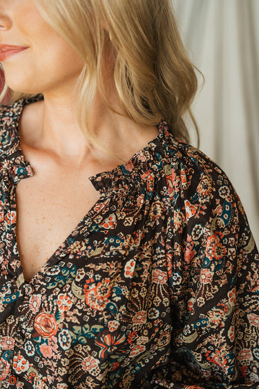 Divina Blouse at 6Whiskey six whisky printed top ruffled neckline raglan sleeve v neck work wear womens cleobella neck detail