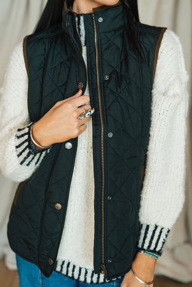 womens quilted vest at 6Whiskey six whisky MCO vista vest in black and brown madison creek outfitters front zip and button snap