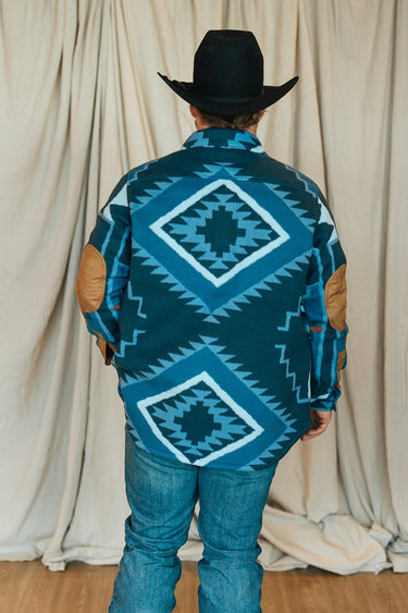 Navy Blanket Shirt at 6Whiskey six whisky tasha polizzi mens aztec print front pockets collared long sleeve suede elbow patch blue brown jacket 