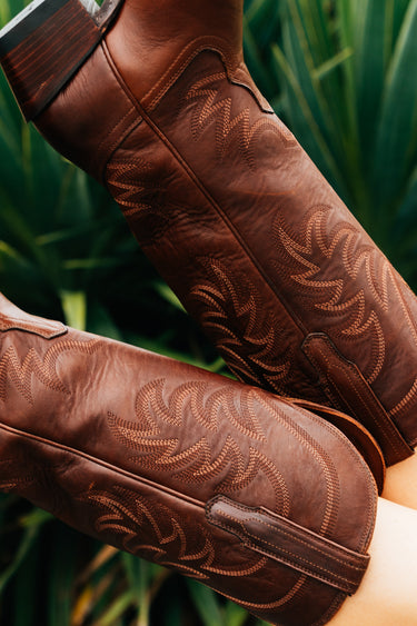 Women’s Tecovas Annie cowboy boots in sequoia brown calfskin leather with tall shaft, western stitching, and pointed toe at 6whiskey six whisky bryan college station  stitching