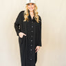 Satin Oversized Shirt Dress at 6Whiskey six whisky collared black midi knee length long sleeve button down fit drop shoulder womens