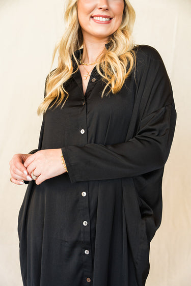 Satin Oversized Shirt Dress at 6Whiskey six whisky collared black midi knee length long sleeve button down fit drop shoulder women