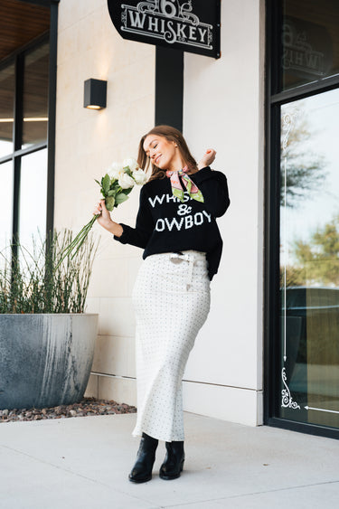 The Love Note Dot Skirt, midi length, long, maxi, elastic waistband, flowy, slimming, flattering, feminine, classy, elegant, chic, it girl, trendy, office skirt, lunch date, casual elevated, it girl, cool girl, lightweight, comfortable, stretchable, must-have basic, year-round skirt, front view