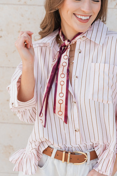 Bordeaux Silk Twilly at 6Whiskey, six whisky, soft, sleek, chic, elegant, effortless, western inspired, womens accessory, gift idea, faded, contrast boarder, horse bit, hand drawn graphic, elevated