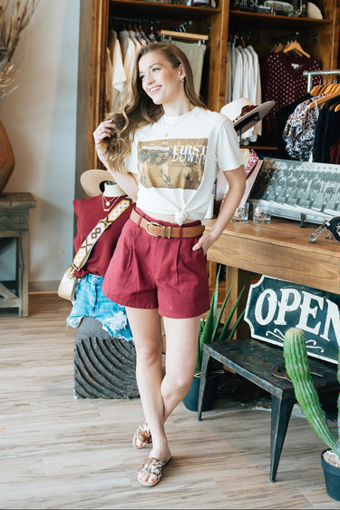 Burgundy Pleated Shorts at 6Whiskey, six whisky, maroon, high-waisted, straight leg, western, casual, gameday, game day, aggie, Texas A&M, tailgate, tailored, women's fashion, women's wear, women's shorts. Front view.