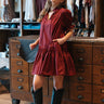 Maroon Out Dress at 6Whiskey, six whisky, mini dress, self-tie, v-neck, short sleeve dress, casual dress, western, ruffle hem, balloon sleeves, game day, tailgating, texas a&m, SEC. Front view.