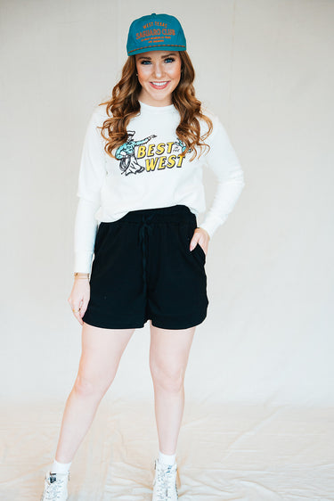 Best in the West Sweatshirt at 6Whiskey six whisky by Sendero Provisions company cropped drop shoulder white cream old western graphic thin soft womens sweater crewneck