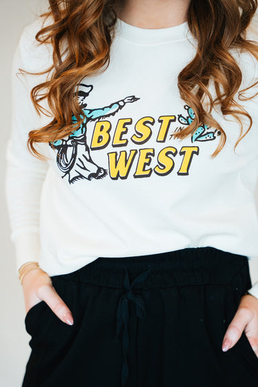 Best in the West Sweatshirt at 6Whiskey six whisky by Sendero Provisions company cropped drop shoulder white cream old western graphic thin soft womens sweater crewneck