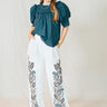 Cleobella Beau Pant at 6Whiskey six whisky, a high-waisted wide-leg trouser with Veneto paisley embroidery. Boho-chic and elegant, perfect for workwear, brunch, or effortless everyday style