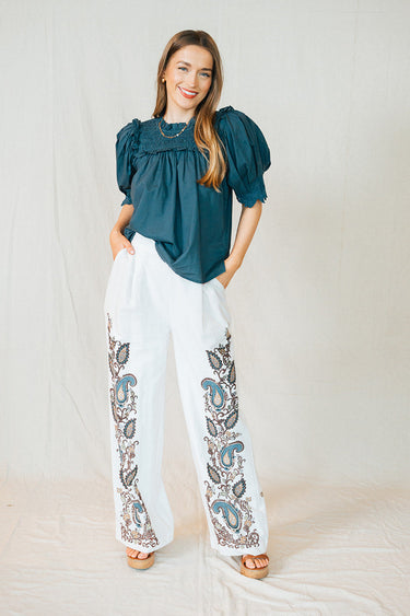 Cleobella Beau Pant at 6Whiskey six whisky, a high-waisted wide-leg trouser with Veneto paisley embroidery. Boho-chic and elegant, perfect for workwear, brunch, or effortless everyday style