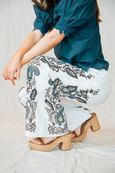 Cleobella Beau Pant at 6Whiskey six whisky, a high-waisted wide-leg trouser with Veneto paisley embroidery. Boho-chic and elegant, perfect for workwear, brunch, or effortless everyday style