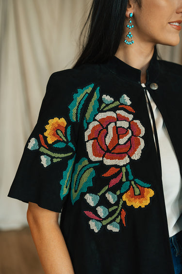 Kaminski Cross Stitch Jacket at 6Whiskey six whisky Double D Ranch folk foray collection C3056 DDR Cape Coat jacket embroidered floral black multicolor tie front concho button short sleeve