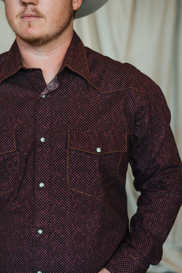 Mens Maroon Pearl Snap at 6Whiskey six whisky by Madison Creek Outfiters Bisley Long sleeve western shirt