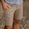 The Balcones Short in Pecan by Texas Standard at 6Whiskey, six whisky, biege, neutral tone, breathable, lightweight fabric, comfortable, casual, western, everyday wear, versatile. Front view.