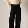 Black Side Stripe Wide Pant Leg by Pcill, 6whiskey, six whisky, soft, comfy, cozy, elevated basic, neutral, sleek, sporty, loungewear, casual, black, white side stripe. high waisted, elastic waistband, front view.