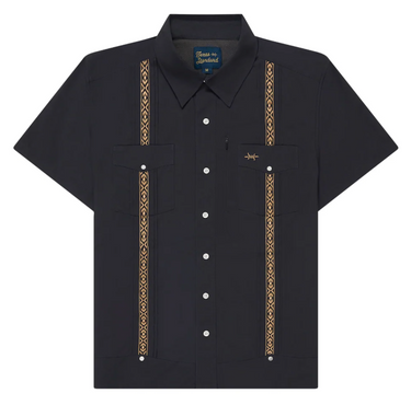 Black Diablo Guayabera Libre by Texas Standard at 6Whiskey, six whisky, unique gold embroidery, stark black, hidden zipper pocket, breathable, lightweight, western, casual, versatile. Front view.