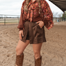 Outlaw Studded Skort at 6Whiskey, six whisky, gold stud detail, front pockets, elastic waistband, panel, soft, comfortable, edgy, western, versatile, closet staple, stand out piece, statement piece, all-year round, round top, rodeo, texas, girls night out, neutral, dark brown, espresso, suede, front view. 