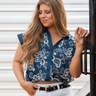 Blue Ribbon Embroidery Top at 6Whiskey, six whisky, collar, v-neck, button closure, cuff short sleeve, paisley western print, white print contrast, navy base, button down, split neck, cropped, elastic waist, cinched waist, flattering, feminine, country, casual western, matching set, weekend, rodeo, country concert, brunch, lunch date, front view.