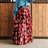 Blossom & Bordeaux Tiered Skirt at 6Whiskey, six whisky, painted flowers, magenta, wine-red, dark pink, light pink, lavender, light purple, ruffle skirt, layered skirt, zipper, feminine, women's fashion, casual western, day to night, spring summer maxi skirt, long skirt, church skirt, easter Sunday outfit, front view. 