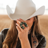 Horseshoe Ring at 6Whiskey, six whisky, chunky, large, silver, turquoise, hand hammered, rope boarder, twist detail, stones, rustic, bold, refined, classic, Santa Fe, west texas, east texas, southern, long star, heritage, grit, timeless, bandana accessory, scarf slide, front view