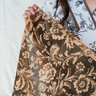 Saddle Flower Scarf at 6Whiskey, six whisky, dark brown base with toffee boarder, vintage floral design, intricate, square scarf, bandana, hand drawn, breathable, texas, souther, casual western, everyday accessory, neutral, versatile, dress up, dress down, bag accessory, hair scarf, rodeo, country concert, front view
