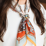 Ranch Party Scarf at 6Whiskey, six whisky, turquoise boarder, rope, fence boarder, red, vibrant, bold, refined, rugged, country, casual western, ranch, lone star state, texas, bucking bronco, horseshoe, horse, cowboy, square scarf, front view
