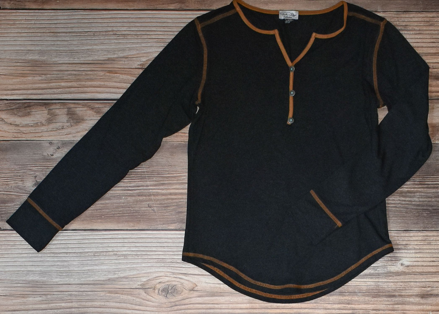 Women's Black Knit Long Sleeve Henley at 6Whiskey six whisky by tasha polizzi fall winter layering comfy casual brown stichting detail