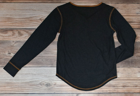Women's Black Knit Long Sleeve Henley at 6Whiskey six whisky by tasha polizzi fall winter layering comfy casual brown stichting detail back