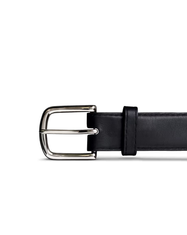 Men's Black Cowhide Belt by Tecovas at 6Whiskey, six whiskey, nickel-brass silver hardware, 5 holes adjustable, high quality leather, durable, western, elevated, elegant, sleek, day to night, casual or dressy, must-have, men's gift, accessory, leather belt, detail view.