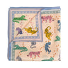 Neon Tigers Silk Bandana, scarf, scarves, neutral light background, orange and pink stars, light purple boarder, light green block lines, blue, yellow, pink, teal, green, and purple tigers, fun, unique, playful, pop of color, turn heads, colorful, bold. Front view. 