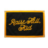 Raise Hell Camp Flag at 6Whiskey, six whisky, raise hell, kid, gold lettering, gold boarder, black background, vintage, western, home good, decor, gift for him, gift for her, rectangular flag, grit, playful, front view