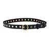 Black Circa Belt at 6Whiskey, six whisky, leather, circle design, gold accent, edgy, rugged, refined, womens fashion, modern western, trendy, day to night, country concert, date night, night out, lunch date, front view. 