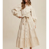 Bone Tiered Maxi Dress at 6Whiskey, six whisky, beige, collared, rustic front button detail, front bow, flowy, flattering silhouette, puff long sleeve, cuff wrist, casual western, versatile, timeless, high-quality material, front view