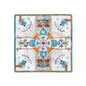 Space City Silk Scarf, cowboy, rocket, spaceship, texas graphic, oil rig, texas flag, cowboy boot, bluebonnets, Houston, TX, texas pride, lone star style, white background, asymmetrical design, unique, statement piece, graphic design. Front view. 