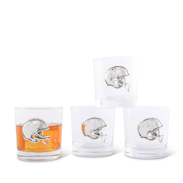 Football Old Fashion Glasses at 6Whiskey, six whisky, whiskey, water, juice, spirits, durable glassware, aluminium helmet emblem, SEC gameday, aggie, texas a&m, football, NFL, tailgate, game day, cup, table scape.