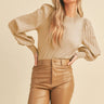 Sandstone Knit Top at 6Whiskey, six whisky, stripped long sleeve, drop sleeve, balloon sleeve, puff sleeve, soft, comfortable, lightweight, breathable, relaxed, true to size, ribbed cuffs, cuff sleeve, neutral, elevated casual, casual western, chic, work top, work to weekend, rodeo, country concert, dinner, brunch date, front view.